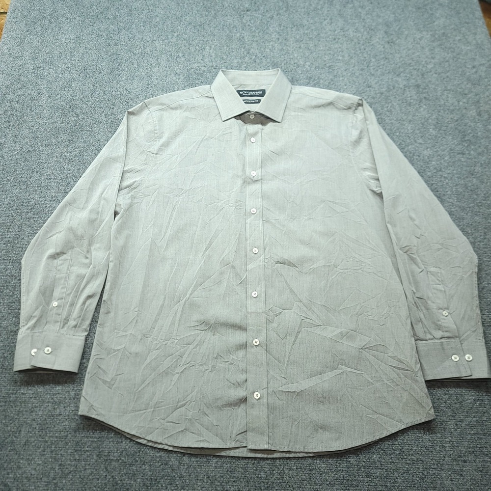 Nick Graham Mens Modern Fit Dress Shirt Gray Long Sleeve Button Down XL 17-17.5